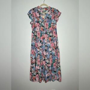 NWT Entro Floral Pastel Maxi Dress Size Medium Tiered Ruffle Flutter Sleeve